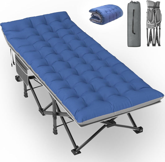 Suteck 75"x32" XXL Folding Camping Cot for Adults w/Mattress, Portable Camping Bed, Sleeping Cot with Carry Bag for Office Home Nap, Outdoor, Camping, Travel, Max Load 500lbs Gray Cot Blue/Gray Pad