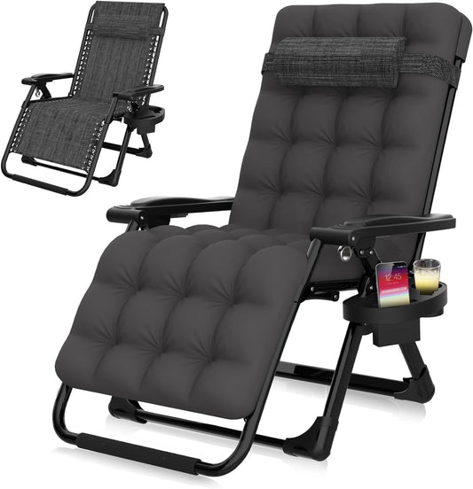 Suteck  Zero Gravity Chair, Indoor and Outdoor Reclining Camping Lounge Chair w/Removable Cushion, Cup Holder, Reclining Patio Chairs Folding Recliner Fossil Gray