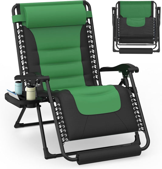 Suteck 29" XL 300lbs Oversized Padded Zero Gravity Chair Reclining Camping Lounge Chair with Large Cup Holder & Footrest, Reclining Patio Chairs, Folding Recliner Chair for Outdoor Indoor, Green
