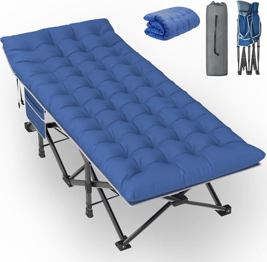 Suteck 75"x32" XXL Folding Camping Cot for Adults with Mattress, Portable Camping Bed, Sleeping Cot with Carry Bag for Office Home Nap, Outdoor, Camping, Travel, Max Load 500lbs Blue Cot+Blue Pad