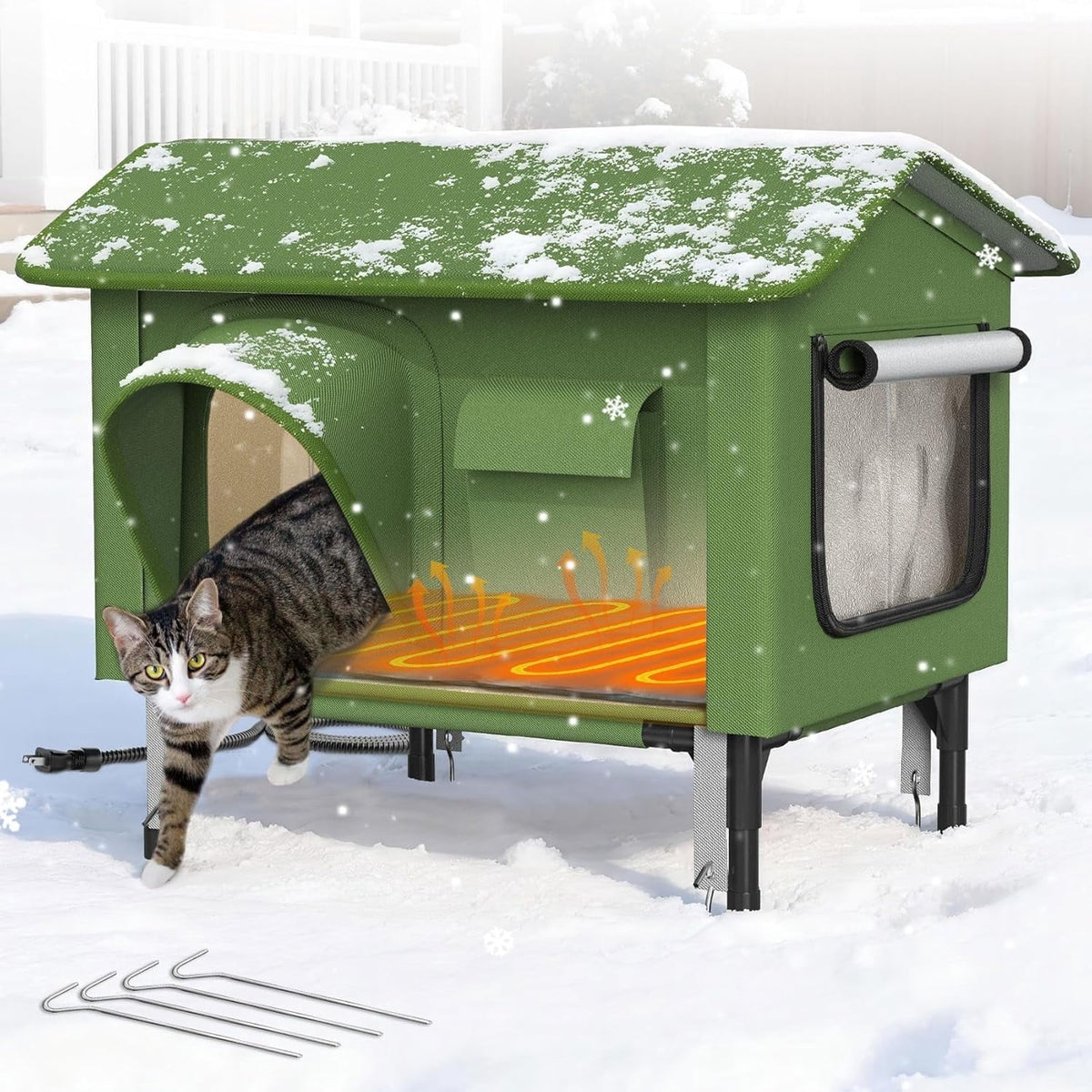 PNKKODW 24" Heated Cat House for Outside,Insulated Cat House with Waterproof Eaves & Escape Door,Outdoor Weatherproof Cat Shelter for Winter,Elevated Cat Shelter for Feral Stray Kitty,Green L