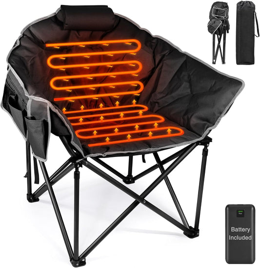 Suteck Heated Camping Chair, Oversized Outdoor Portable Heated Folding Chairs with 12V 20,000mAh Power Bank, Heated Foldable Chair Seat, Heating Chair for Outdoor Sports Camping Patio, 650lbs Black