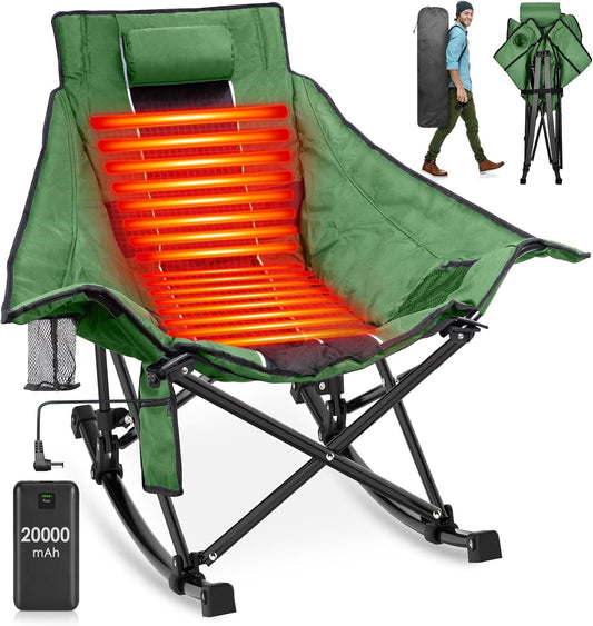Suteck Heated Camping Rocking Chair w/20000mAh Power Bank Oversized Portable Folding Outdoor Chair for Winter Camp Lawn Sports Olive