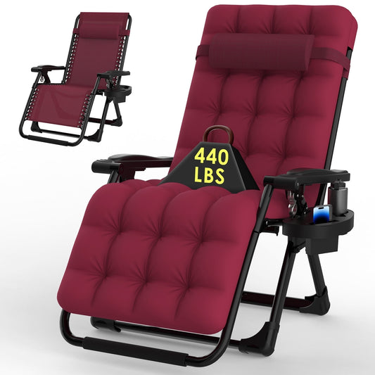 Suteck Zero Gravity Chair, Reclining Camping Lounge Chair w/Removable Cushion, Upgraded Lock and Cup Holder, Reclining Patio Chairs for Indoor and Outdoor Claret