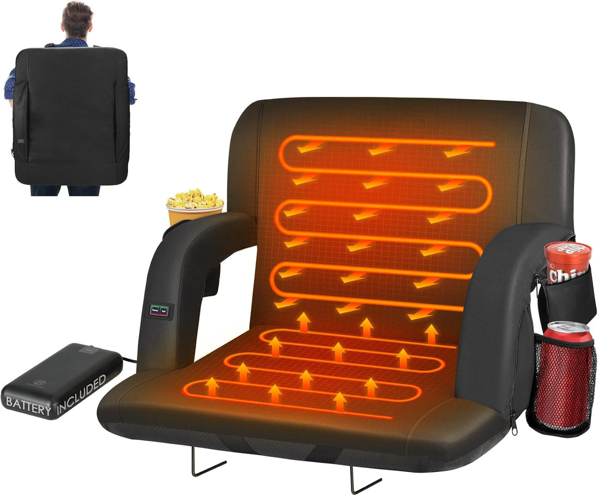 PNKKODW 23" Dual-Sided Heated Stadium Seats for Bleachers with Back Support, 3 Levels Heating Stadium Bleachers Seat with Backrest, Portable Stadium Chair (20000mAh Power Bank)