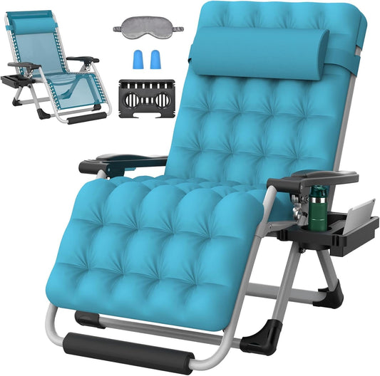 Suteck Oversized Zero Gravity Chairs XXL, 33IN Padded Zero Gravity Lounge Chair, Folding Reclining Patio Chair Lawn Recliner w/Aluminum Alloy Lock, Headrest, Cup Holder, Support 500lbs, Light Blue