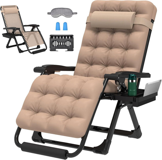 Suteck 29In Oversized Zero Gravity Chair,XL Lounge Chair w/Removable Cushion&Headrest, Reclining Camping Chair w/Upgraded Lock and Footrest, Reclining Patio Chairs Recliner for Indoor Outdoor khaki