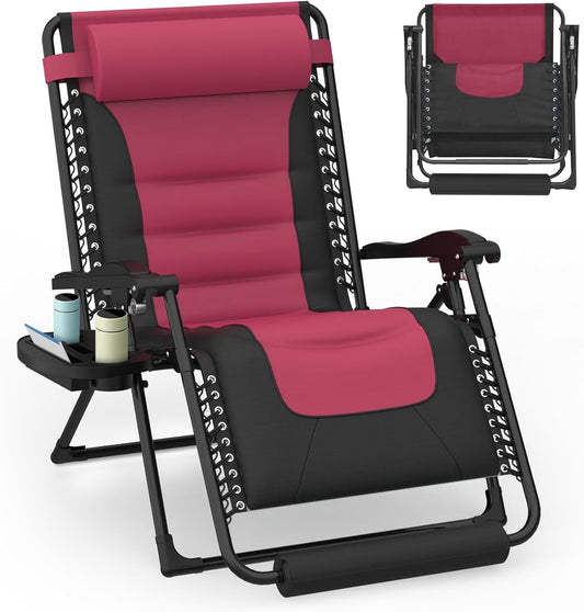 Suteck 29" XL 300lbs Oversized Padded Zero Gravity Chair Reclining Camping Lounge Chair with Large Cup Holder & Footrest, Reclining Patio Chairs, Folding Recliner Chair for Outdoor Indoor, Wine Red