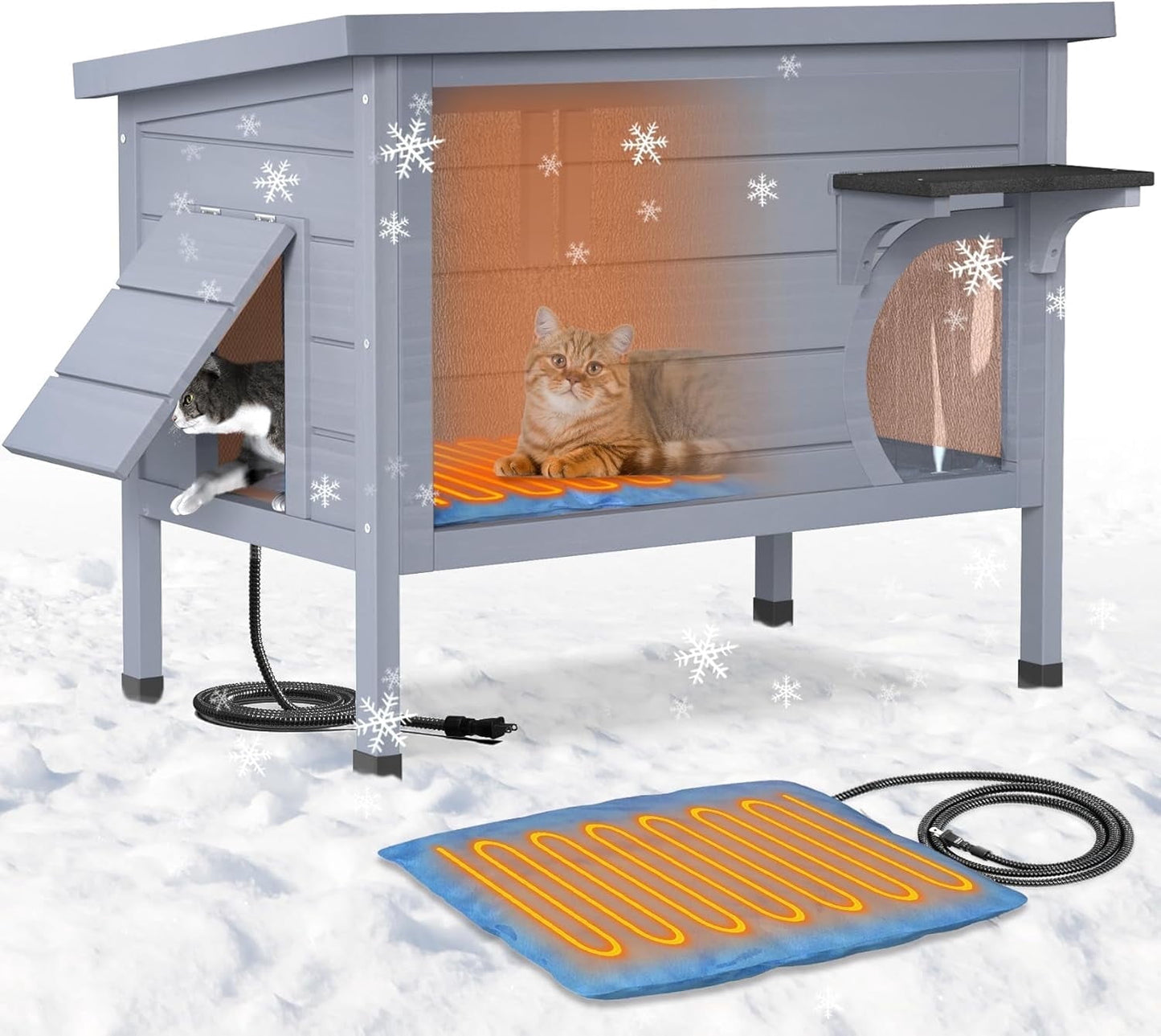 PNKKODW Heated Cat House for Outside,Insulated Kitty House with Heated Pad for Winter,Wooden Weatherproof Escape Door Stray Feral Cat Shelter for Multiple Cats,Single Storey Gray