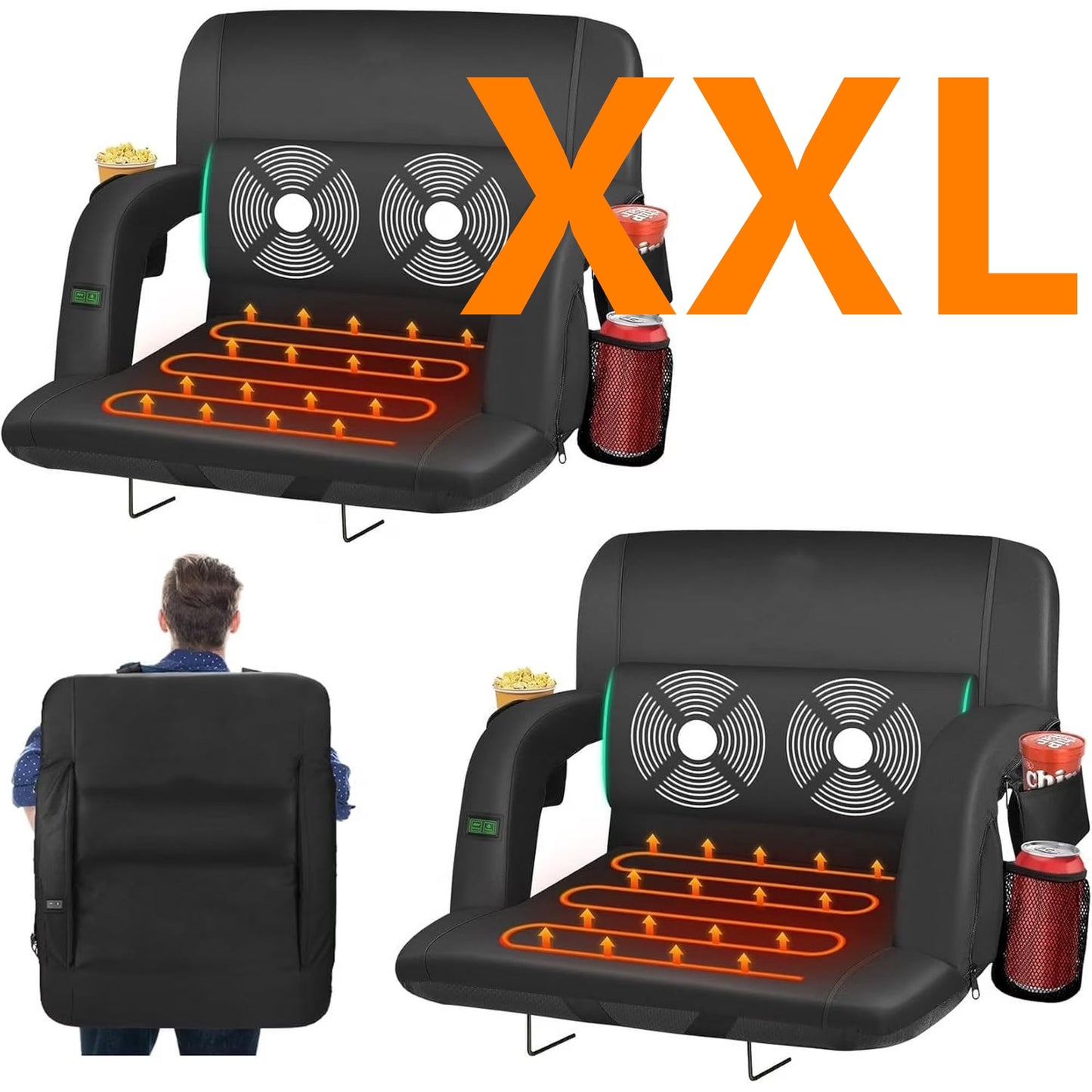 PNKKODW 2PCS 25" Heated Massage Stadium Seats for Bleachers with Back Support, Portable Stadium Chair with 6 Reclining Positions, Armrest, for Outdoor£¨NO BATTERY)