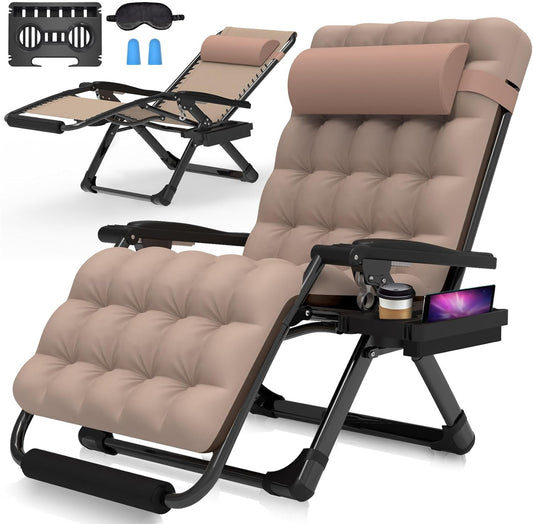 Suteck Oversized Zero Gravity Chairs XXL, Padded Zero Gravity Lounge Chair, Lawn Recliner, Folding Patio Reclining Chair w/Aluminum Alloy Lock, Headrest, Cup Holder, Support 500lbs, Khaki