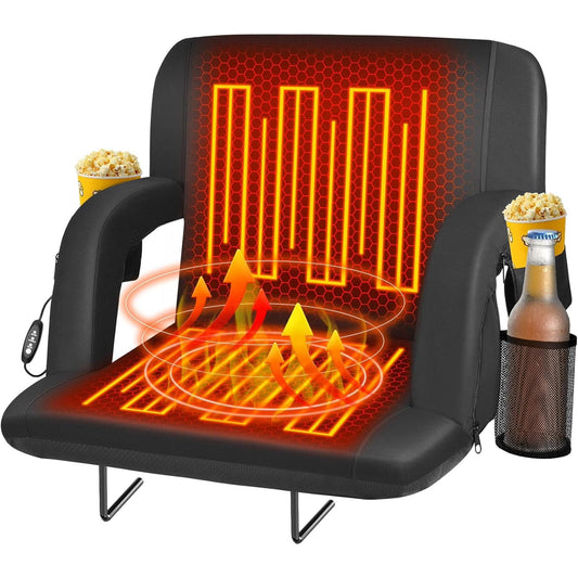 Suteck 25" Heated Stadium Seats for Bleachers w/ Back Support and Wide Cushion, Extra Portable Bleacher Seat Foldable Stadium Chair, USB 3 Levels of Heat, 5 Pockets for Outdoor Camping Games Sports
