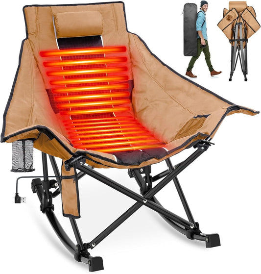 Suteck Oversized Capacity Outdoor Heated Rocking Chair with 3 Heat Levels, Portable Folding Heated Camping Chair for Camp, Lawn, Sports, Winter Use (Battery NOT Included) Khaki