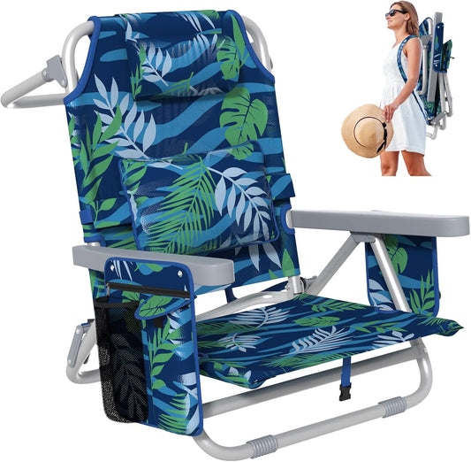 Suteck Backpack Beach Chair Reclining with 5 Adjustable Positions, Built-in Cooler & Backpack Straps - Portable Folding Beach Chairs for Adults, for Camping, Pool, Travel (Tropical Leaf)