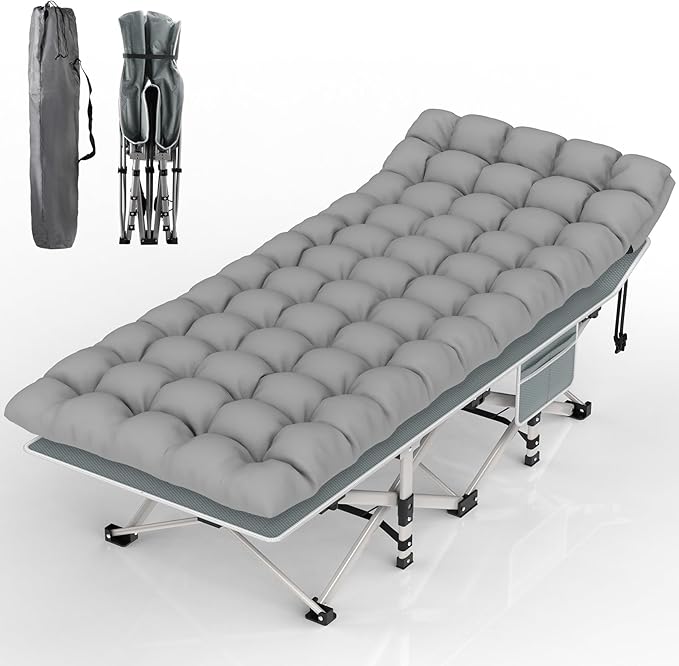 Suteck Folding Camping Cot Bed for Adults, 1200D Double Layer Oxford W/Soft Pad Carry Bag for Home Office Nap Beach Travel, Grey Cot Gray Pad
