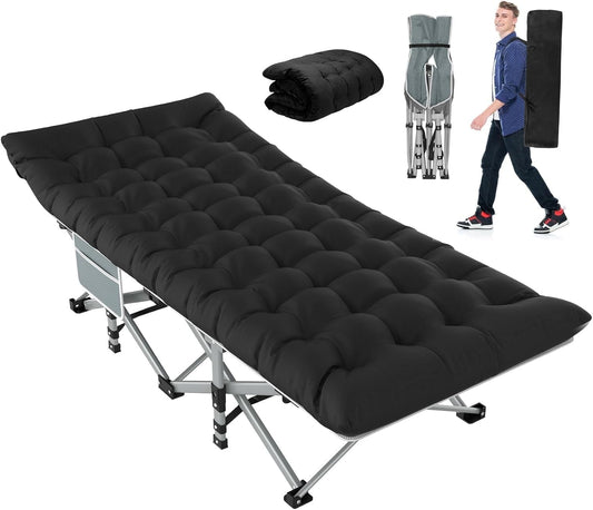 Suteck 75"x28" XL Folding Camping Cot for Adults with Mattress, Portable Camping Bed, Sleeping Cot with Carry Bag for Office Home Nap, Outdoor, Camping, Travel, Max Load 500lbs Gray Cot Black Pad