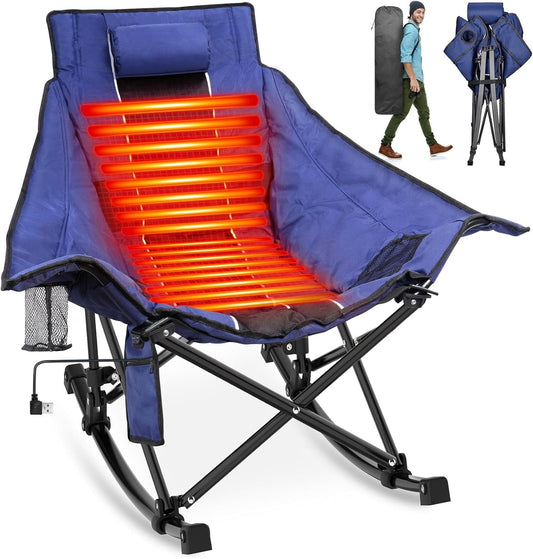 Suteck Heated Camping Chair, Oversized Outdoor Rocking Chair with 3 Heat Levels, Portable Folding Heated Chair for Camp, Lawn, Sports, Winter Use (Battery NOT Included)