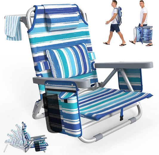 Suteck Beach Chair, Adjustable 5-Position Backpack Beach Chairs for Adults Kids, Reclining Beach Chair with Cooler Bag, Cup Holder and Lumbar Pillow, Foldable Lay Flat Chair for Beach Lawn Outdoor