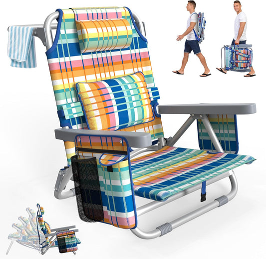 Suteck Beach Chair, Adjustable 5-Position Backpack Beach Chairs for Adults Kids, Reclining Beach Chair with Cooler Bag, Cup Holder and Lumbar Pillow, Foldable Lay Flat Chair for Beach Lawn Outdoor Rainbow