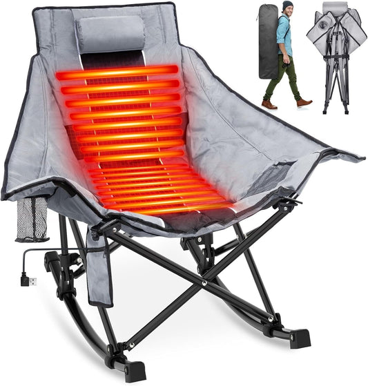 Suteck Heated Oversized Camping Rocking Chair with 3 Heat Levels, Portable Folding Heated Chair for Camp, Lawn, Sports, Winter Use (Battery NOT Included)