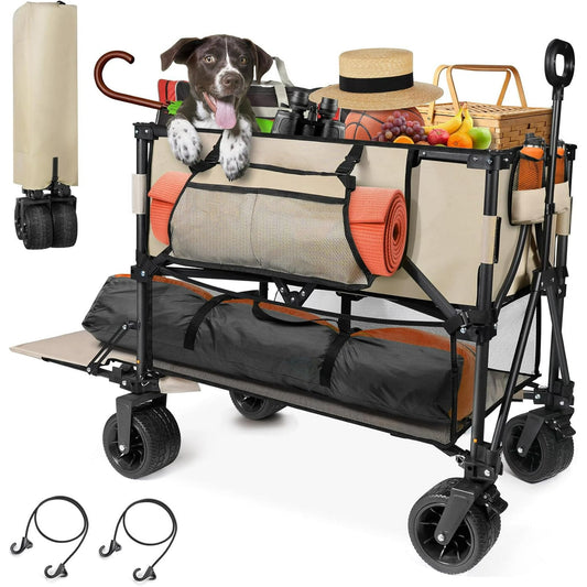 Suteck 400L Large Foldable Double Decker Wagon,360¡ã Adjustable Handle 550LBS Heavy Duty Collapsible Cart with 54" Extra Extender,All Terrain Double-Locking Brack Wheels,for Beach|Camp|Outdoor Kahiki
