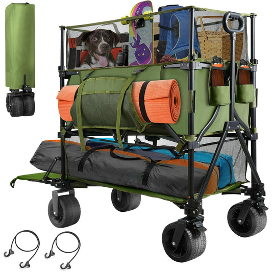 Suteck 550L XXL Foldable Double Decker Wagon-Greater Capacity,360¡ã Adjustable Handle Heavy Duty 550LBS Collapsible Cart with 54" Extra Extender,All Terrain Double-Locking Brack Wheels (Olive Green)