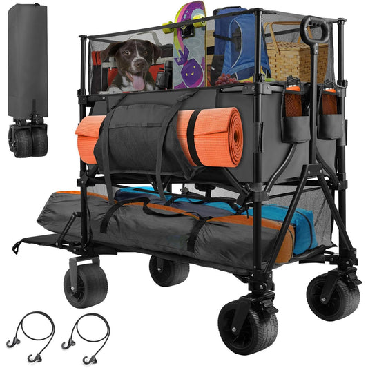 Suteck 550L XXL Foldable Double Decker Wagon-Greater Capacity,360¡ã Adjustable Handle Heavy Duty 550LBS Collapsible Cart with 54" Extra Extender,All Terrain Double-Locking Brack Wheels (Black)