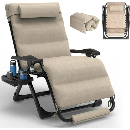 Suteck Oversized Zero Gravity Chairs, XL Anti Gravity Chair, Folding Lounge Recliner, Reclining Patio Chair for Lawn Backyard w/Washable Cushion Cover, Cup Holder, Support 350lbs, Khaki