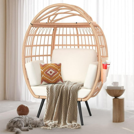 Suteck Oversized Stationary Wicker Egg Chair, Indoor Outdoor Egg Lounger Chairw/ 4 UV Resistant Cushions, Storage Bag for Patio, Backyard, Living Room, Brown  - White