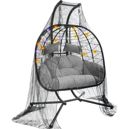 Suteck Halloween Double Widcker Swing Egg Chair with Stand, 2 Person Egg Chair with Halloween Spider Cloth and String Lights, for Indoor Outdoor Bedroom Patio Halloween Party Decorations