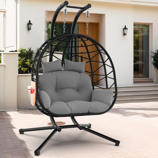 Suteck Double Egg Chair with Stand, 2 Person Egg Swing Chair, Rattan Wicker Swing with UV Resistant Cushion and Pillow, for Indoor Outdoor Bedroom Patio Hanging Basket Chair, Balck