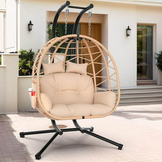 Suteck Double Egg Chair with Stand, 2 Person Egg Swing Chair, Rattan Wicker Swing with UV Resistant Cushion and Pillow, for Indoor Outdoor Bedroom Patio Hanging Basket Chair, Brown