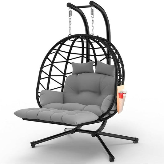 Suteck Oversized 700lbs Double Egg Chair with Stand & Leg Rest, 2 Person Rattan Wicker Swing Chair with UV Resistant Cushion and Pillow, for Indoor Outdoor Bedroom Patio Hanging Basket Chair Black