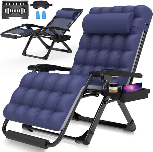 Suteck Oversized Zero Gravity Chair,33In XXL Lounge Chair w/Removable Cushion&Headrest, Reclining Camping Chair w/Upgraded Lock and Footrest, Reclining Patio Chairs Recliner for Indoor Outdoor Blue