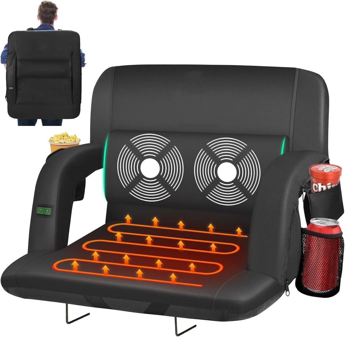 PNKKODW 21" Heated Massage Stadium Seats for Bleachers with Back Support, Portable Stadium Chair with 6 Reclining Positions, Armrest, for Outdoor£¨NO BATTERY)