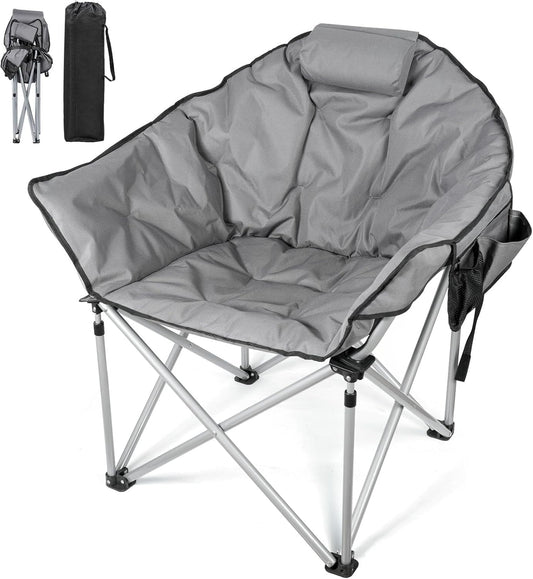 Suteck Oversized Camping Chairs for Adults, Folding Chair with Fully Padded Seat & Back, Portable Camping Lounge Chair with Two Side Pockets, Pillow and Carry Bag for Outside, Travel, Picnics Gray