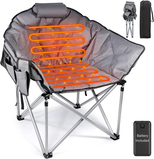 Suteck Heated Camping Chair, Oversized Outdoor Portable Heated Folding Chairs with 12V 20,000mAh Power Bank, Heated Foldable Chair Seat, Heating Chair for Outdoor Sports Camping Patio, 650lbs,Gray
