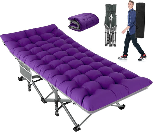 Suteck 75"x28" XL Folding Camping Cot for Adults w/ Mattress, Portable Sleeping Camping Bed with Carry Bag for Office Home Nap, Outdoor, Camping, Travel, Max Load 500lbs Striped Gray Purple/Gray Pad