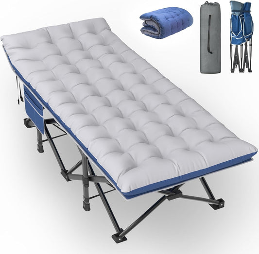 Suteck 75"x32" XXL Folding Camping Cot for Adults w/Mattress, Portable Camping Bed, Sleeping Cot with Carry Bag for Office Home Nap, Outdoor, Camping, Travel, Max Load 500lbs Blue Cot Blue/Gray Pad