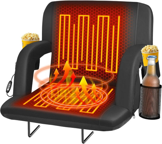 Suteck  23" Heated Stadium Seats for Bleachers w/ Back Support and Wide Cushion, Extra Portable Bleacher Seat Foldable Stadium Chair, USB 3 Levels of Heat, 5 Pockets for Outdoor Camping Games Sports