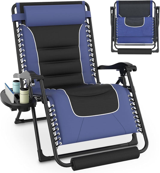 Suteck 33Inch Oversized Padded Zero Gravity Chair, XXL Reclining Camping Lounge Chair with Large Cup Holder & Footrest, Reclining Patio Chairs Folding Recliner for Outdoor Indoor, Blue
