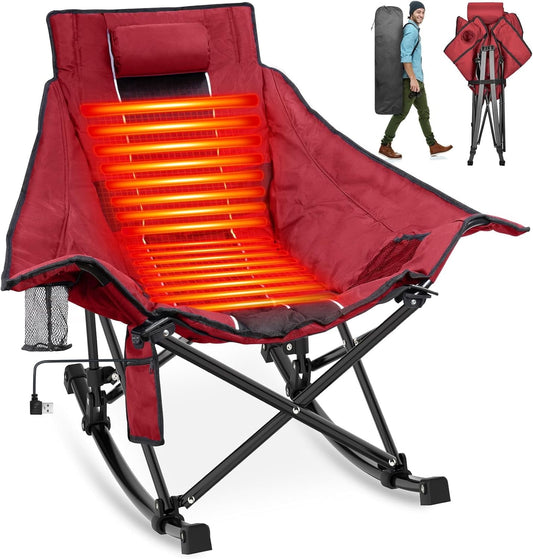 Suteck Oversized 330lbs Capacity Outdoor Heated Rocking Chair with 3 Heat Levels, Portable Folding Heated Camping Chair for Camp, Lawn, Sports, Winter Use (Battery NOT Included) Wine Red
