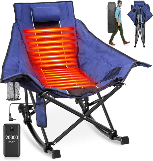 Suteck 330lbs Oversized Heated Camping Rocking Chair w/20000mAh Power Bank Portable Folding Outdoor Indoor Rocking Chair for Camp Lawn Sports Winter Blue