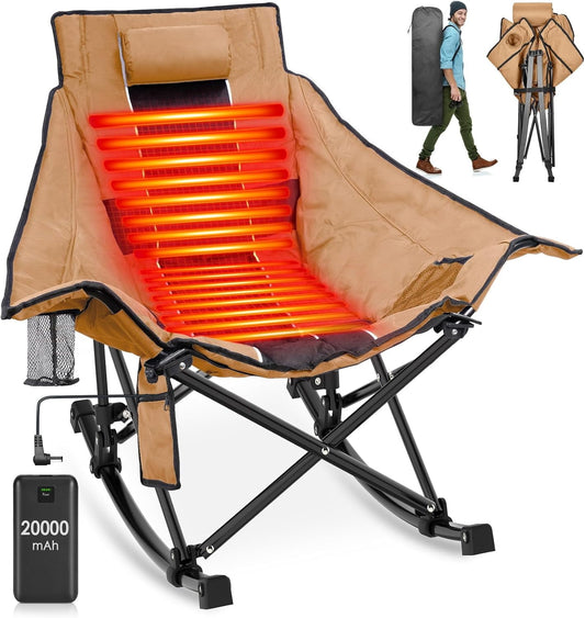 Suteck 330lbs Heated Camping Rocking Chair w/ 20000mAh Power Bank Portable Folding Oversized Heated Chair for Winter Camp Lawn Sports Khaiki