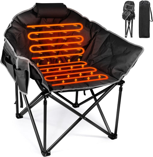Suteck Oversized Heated Camping Chair, Heated Chairs Outdoor Sports W/3 Heat Levels for Back & Seat, Portable Folding Heated Lawn Chairs for Patio Outdoor Travel, (Battery NOT Included) Black