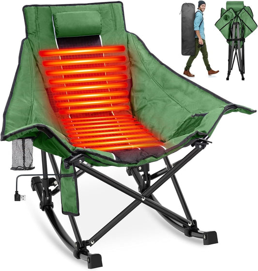 Suteck Heated Camping Chair, Oversized Outdoor Rocking Chair with 3 Heat Levels, Portable Folding Heated Chair for Camp, Lawn, Sports, Winter Use (Battery NOT Included)