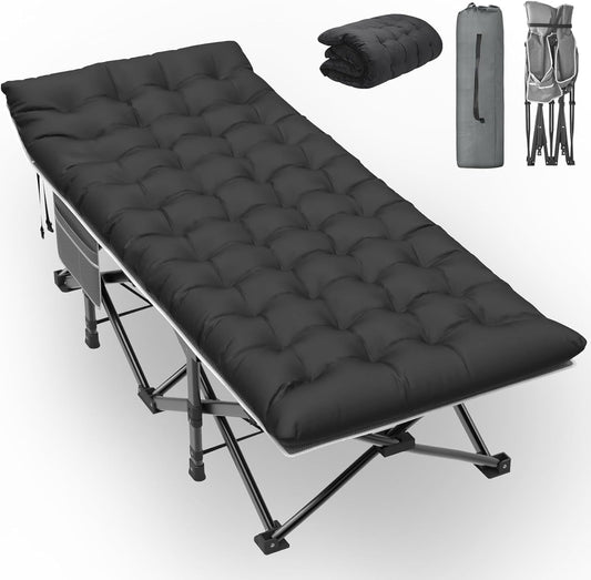Suteck 75"x32" XXL Folding Camping Cot for Adults with Mattress, Portable Camping Bed, Sleeping Cot with Carry Bag for Office Home Nap, Outdoor, Camping, Travel, Max Load 500lbs Gray Cot Black Pad