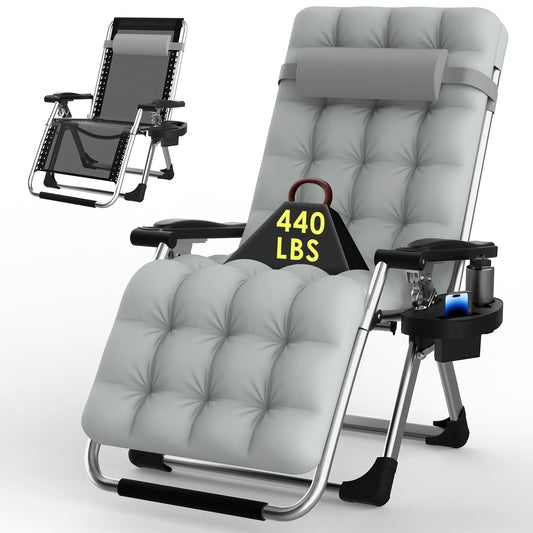 Suteck Zero Gravity Chair, Reclining Camping Lounge Chair w/Removable Cushion, Cup Holder, Reclining Patio Chairs Folding Recliner for Indoor and Outdoor Gray