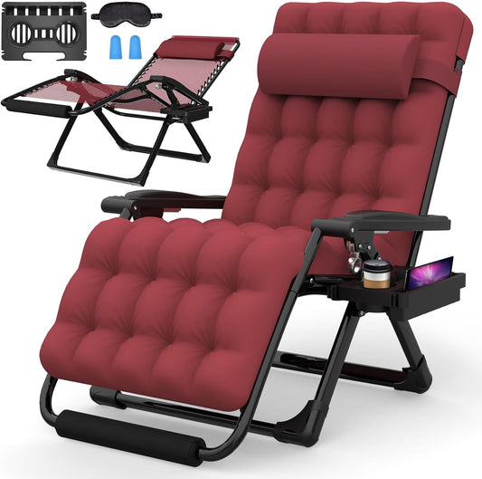 Suteck Oversized Zero Gravity Chairs XXL, 33IN Padded Zero Gravity Lounge Chair, Folding Reclining Patio Chair Lawn Recliner w/Aluminum Alloy Lock, Headrest, Cup Holder, Support 500lbs, Wine Red