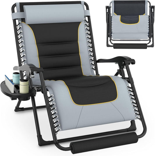 Suteck 33Inch 300lbs Oversized Padded Zero Gravity Chair, XXL Reclining Camping Lounge Chair with Large Cup Holder & Footrest, Reclining Patio Chairs Folding Recliner for Outdoor Indoor, Gray